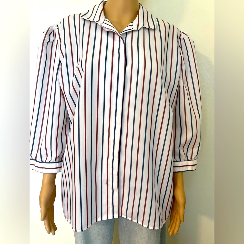 Career Quest-70s/80s Vtg, Striped, Button Up, Puff Sleeve, Retro, Shirt. Size-L